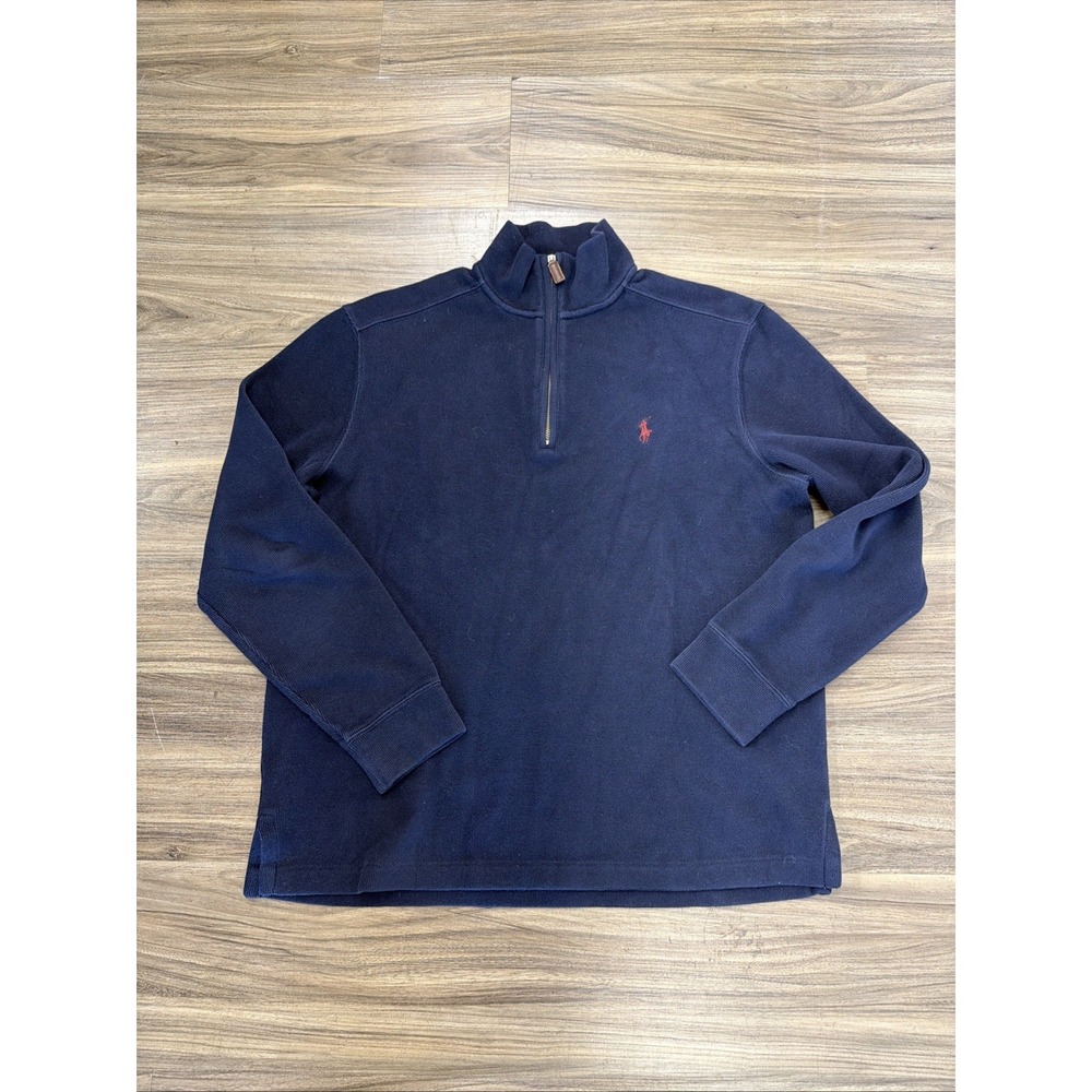 Polo Ralph Lauren Quarter Zip Pullover Sweater Mens Medium  Navy Blue Red Pony